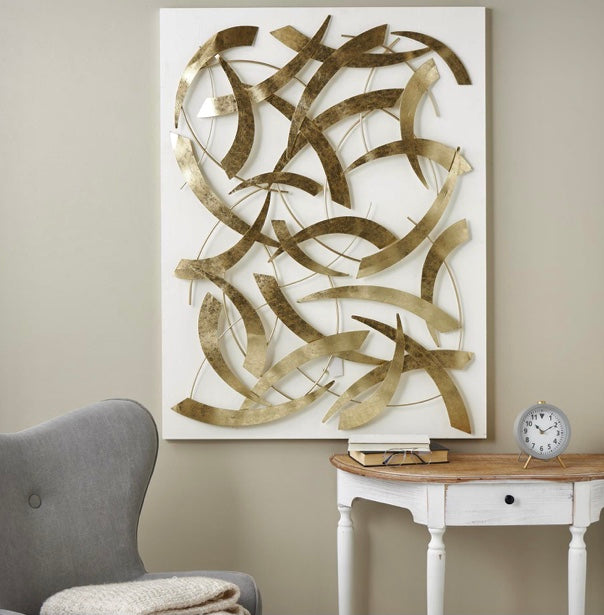 GOLD METAL ABSTRACT METALLIC WALL DECOR WITH WHITE WOOD BACKING
