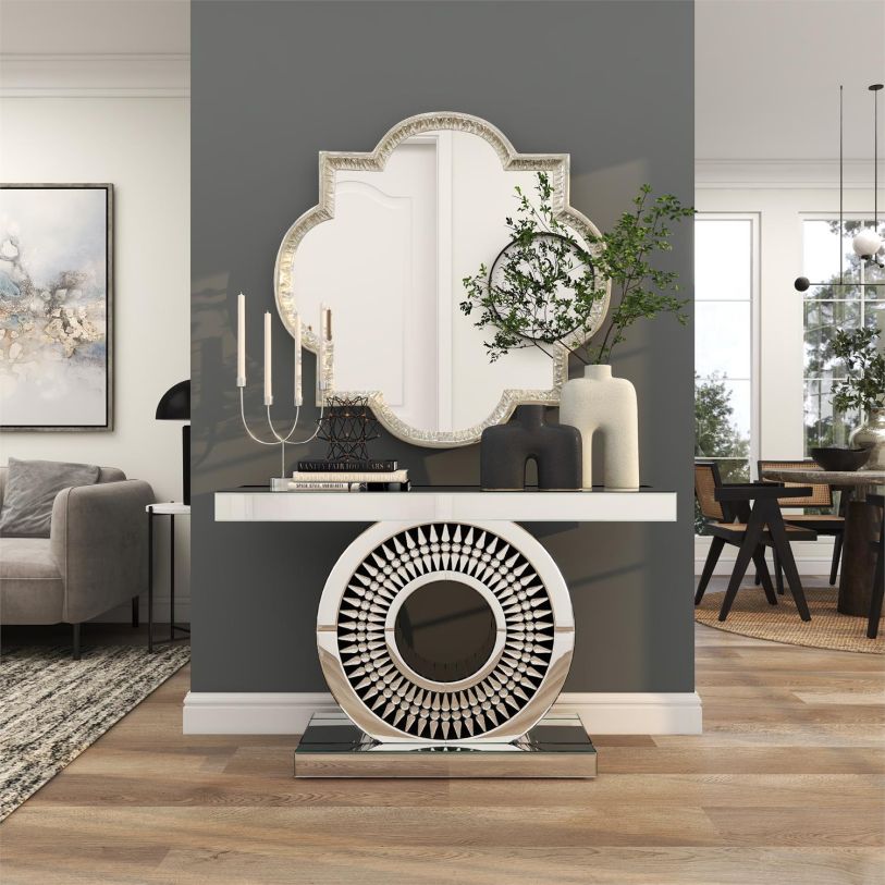 SILVER GLASS SUN MIRRORED CRYSTAL CONSOLE TABLE