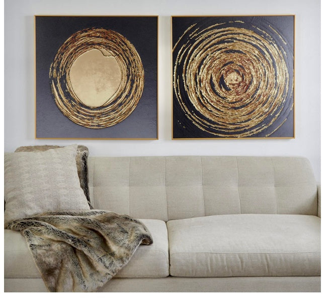 STARBURST SWIRL WALL DECOR WITH GOLD ALUMINUM FRAME, SET OF 2