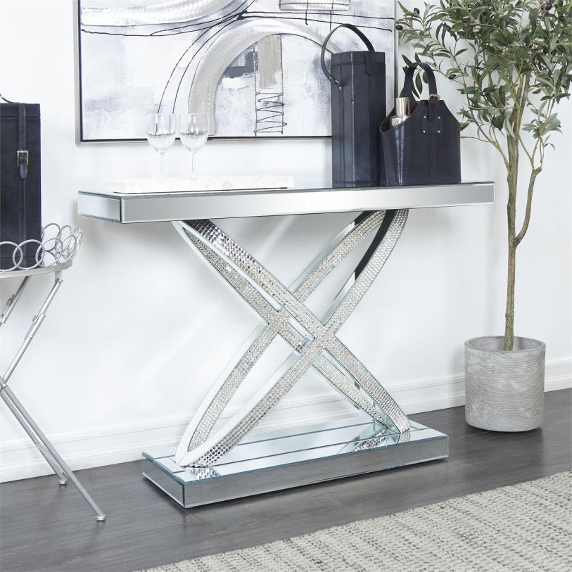 SILVER GLASS GEOMETRIC X-SHAPED MIRRORED CONSOLE TABLE WITH CRYSTAL EMBELLISHMENTS