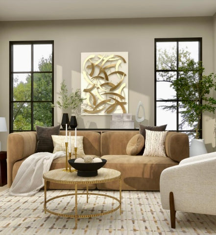 GOLD METAL ABSTRACT METALLIC WALL DECOR WITH WHITE WOOD BACKING